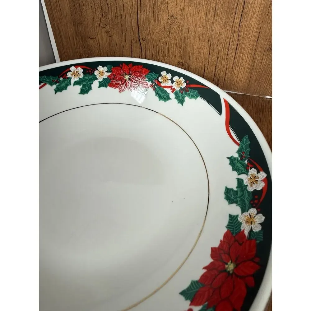 Tienshan Fine China Deck The Halls Serving Bowl Christmas Poinsettia Holiday